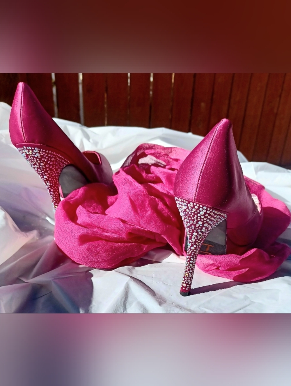 JustFab Hot Pink Satin Pumps with Rhinestone Stiletto Heels W/Scarf